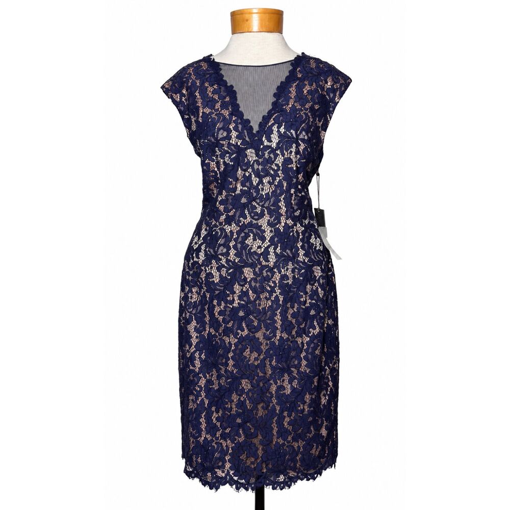 NWT Vince Camuto Navy Blue Lace Illusion Sheath Cocktail Dress 12 Nude